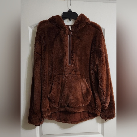 NWOT Free People Movement Hoodie Off The Record Faux Fur Pullover Brown XS - Picture 5 of 6